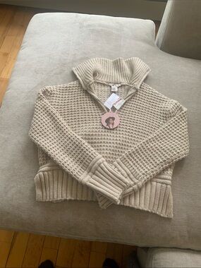 Sincerely Jules Cream Waffle-Knit Half-Zip Turtleneck Sweater